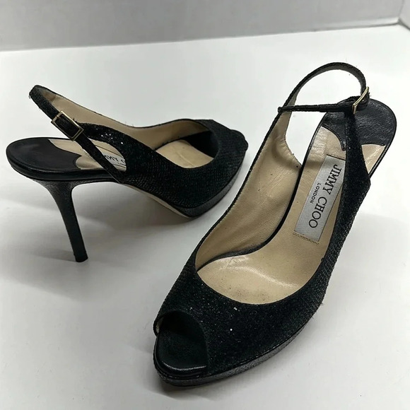 Jimmy Choo High Heel Shoes Sling Back Pumps Open Toe Snake Skin Black Size 37 7 - Picture 1 of 15